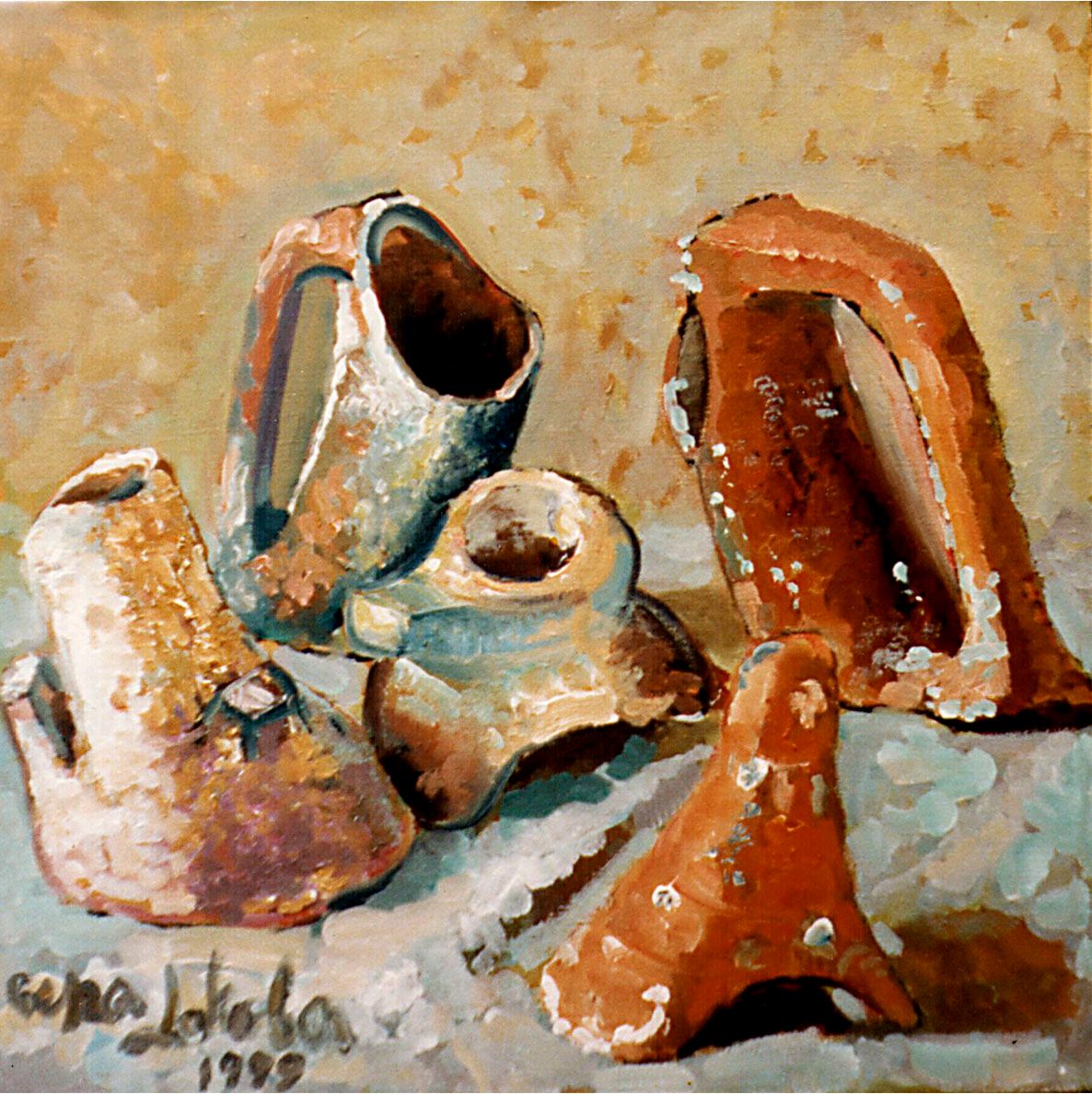 Oil painting “Amphoras of the Adriatic”: four broken terracotta amphora fragments with white sea-salt crusts on a pale surface, against a warm golden background.