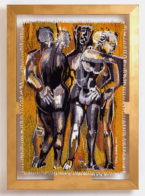 Tapestry “Autumn meeting”: three tall, dark figures with pale highlights stand close together on a golden-yellow ground, in a gold frame.