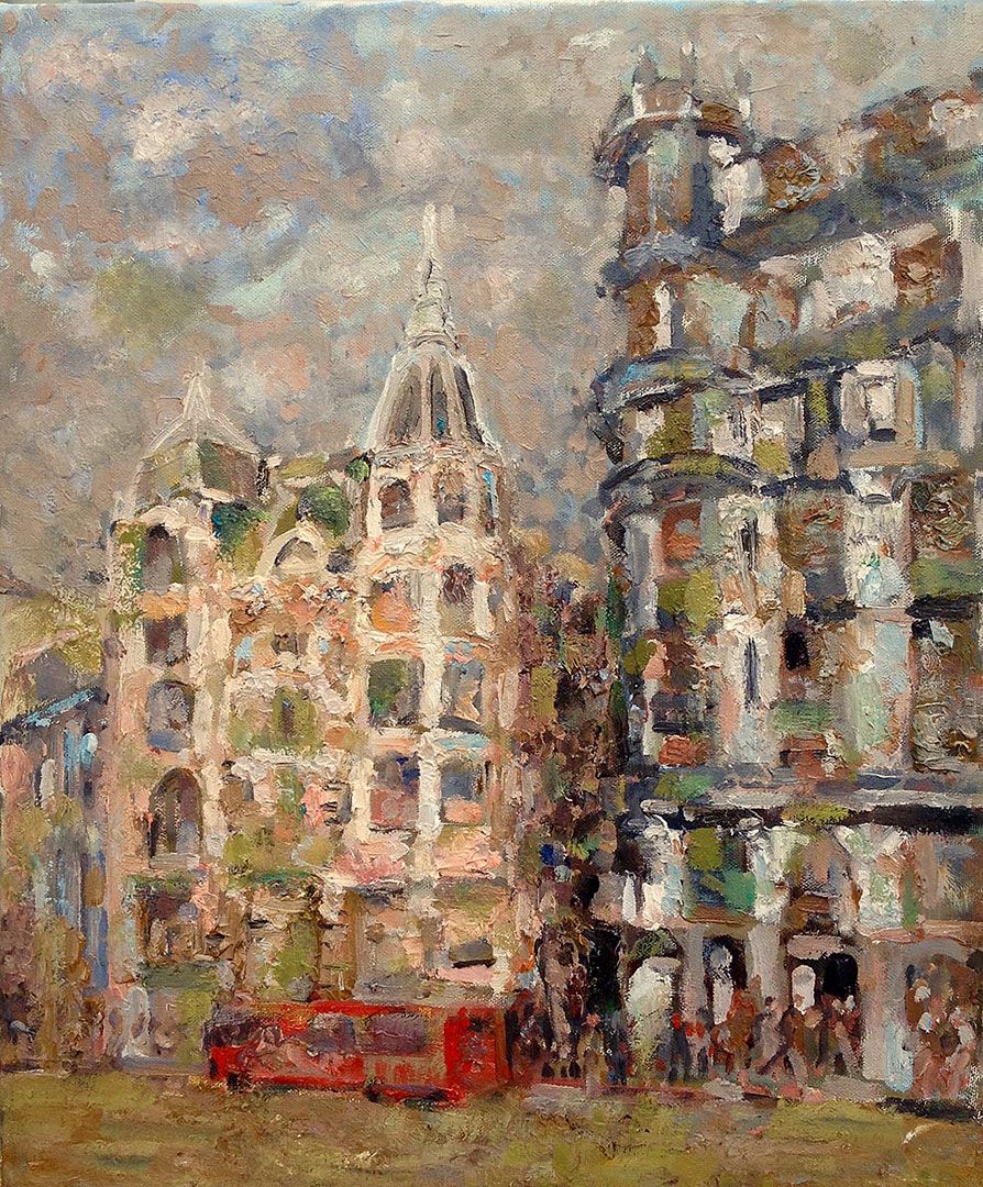 Oil painting “Bilbao”: thickly painted city buildings with towers and a pointed spire under a cloudy sky, and a red bus and small figures at street level.