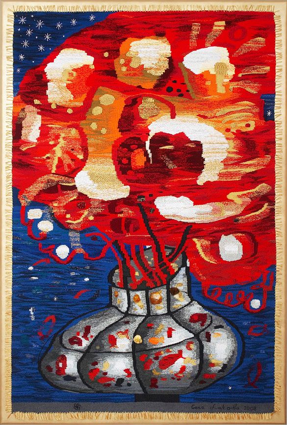 Tapestry “Bouquet of Life”: a large bouquet of red, orange and white blooms above a grey patterned vase, on a deep blue background with small white stars.