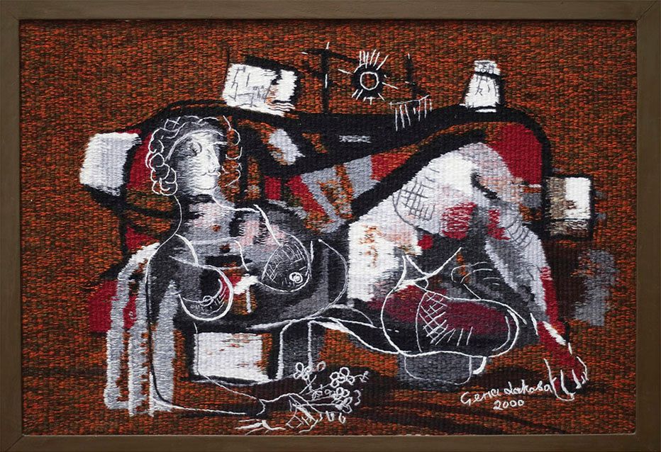 Tapestry “Brown dolmen”: a reclining woman drawn in white outline over grey and red shapes, on a rust-brown ground, in a dark frame.