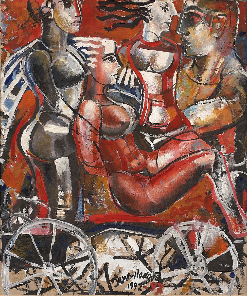 Painting “Campaign to Mesopotamia”: a loose, rough-brushed scene of four figures riding on a two-wheeled cart, in red, black, grey and white.