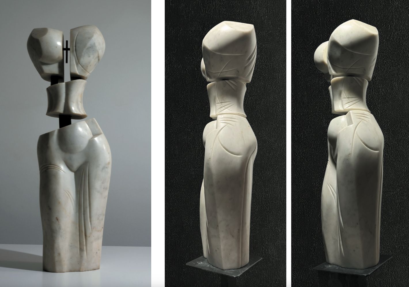 Marble sculpture “Coast”: a pale standing female figure made of separate blocks for head, neck and body, shown from three angles.