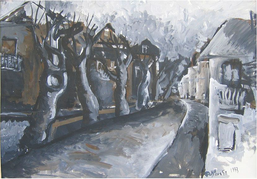 Gouache painting “Cold Grodno”: a street in grey and white tones with bare, twisted trees along the left and low houses on the right, under a bright, cold sky.