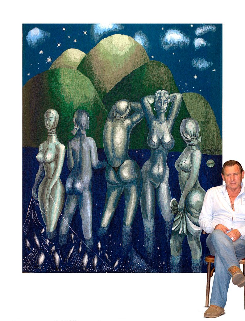 Tapestry “Gagry’s Bathers”: five grey-blue nude women standing in dark water before green hills under a starry night sky, with the artist sitting in front of it.