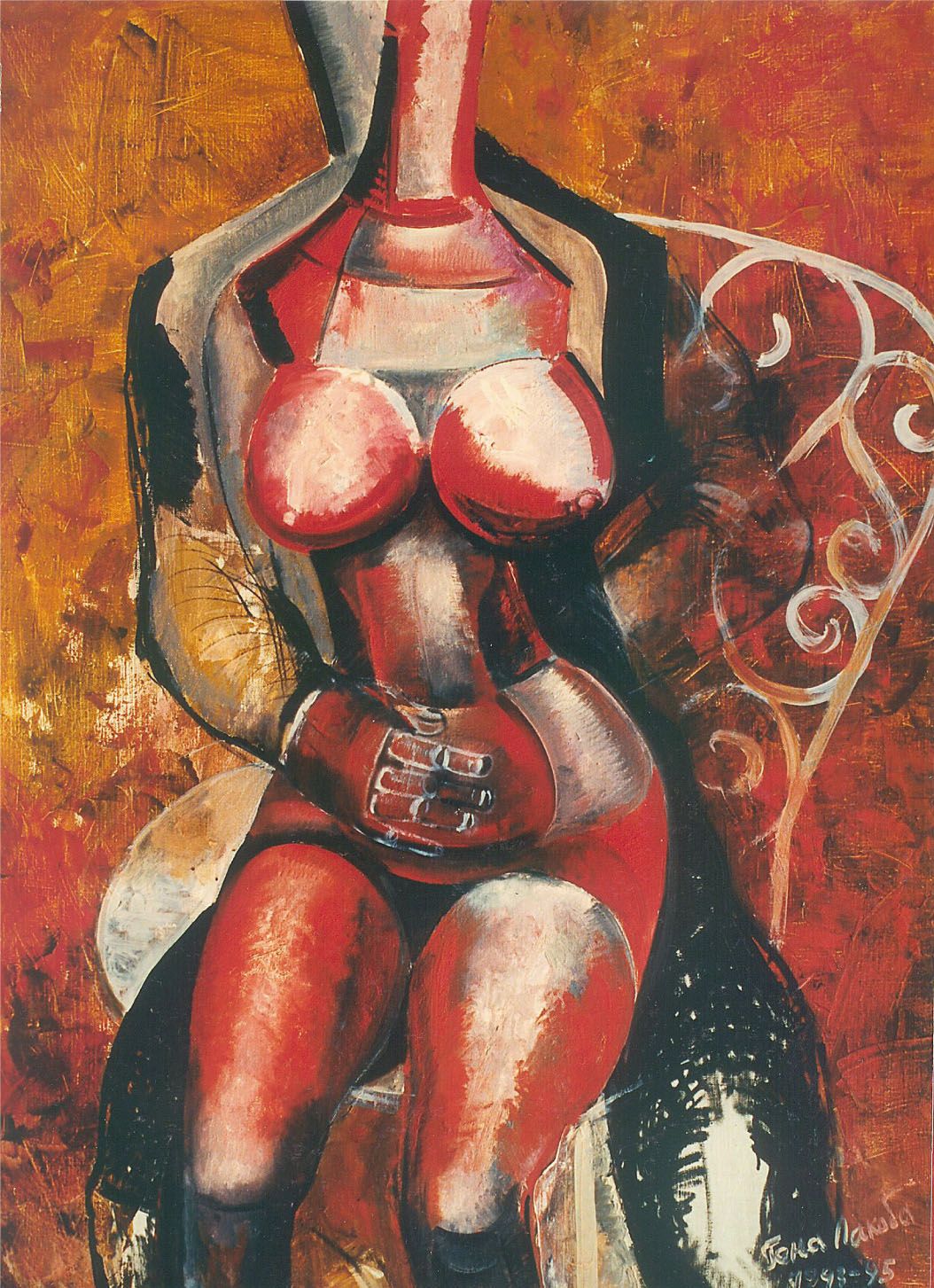 Oil painting “Love game”: a seated woman with a small head and large red breasts, hands folded on her belly, in red and black against an orange-red background.