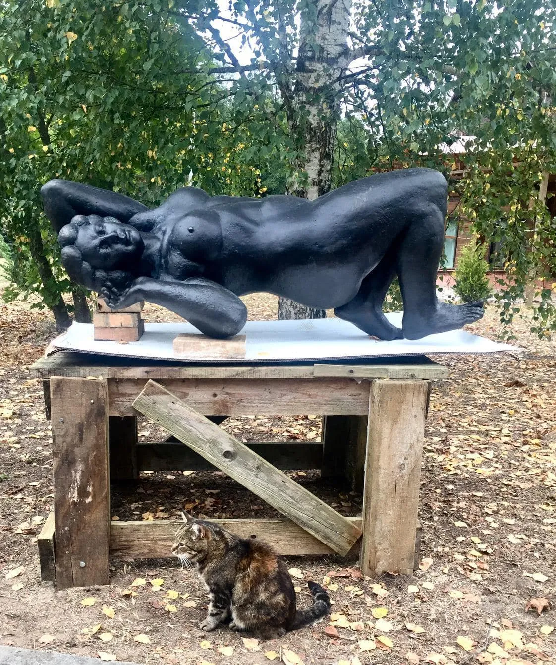 Black sculpture lying on a wooden table outdoors among trees, with a cat sitting below