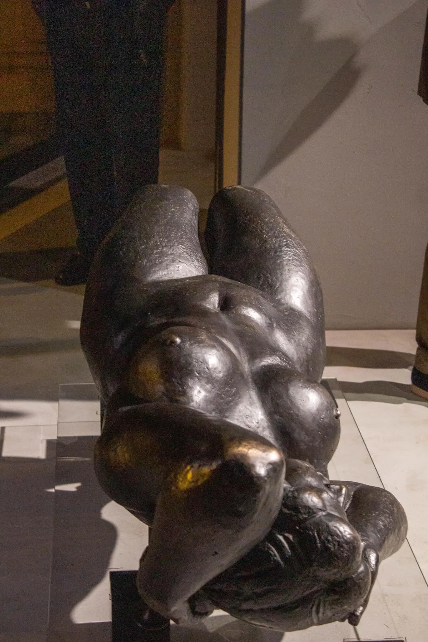 View of Margo from the legs, with the face and hand at the bottom of the frame
