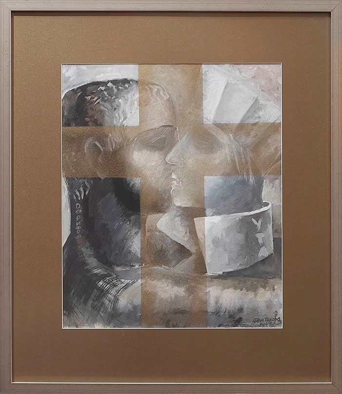 Gouache painting “Meeting”: two faces in profile almost kissing, in grey and white, crossed by brown bands that form a cross, in a framed mount.
