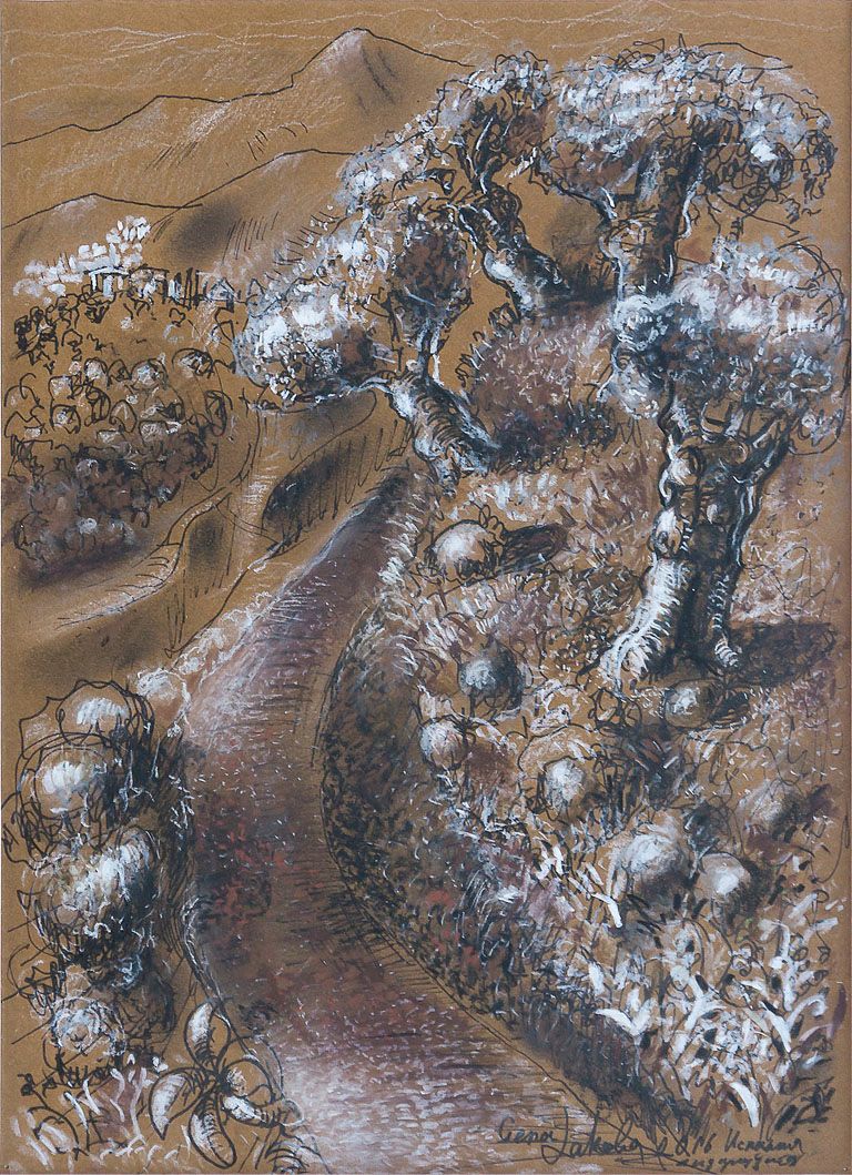 Drawing “Olive trees”: a winding path between olive trees and bushes, with hills and a village in the distance, in black and white on brown paper.