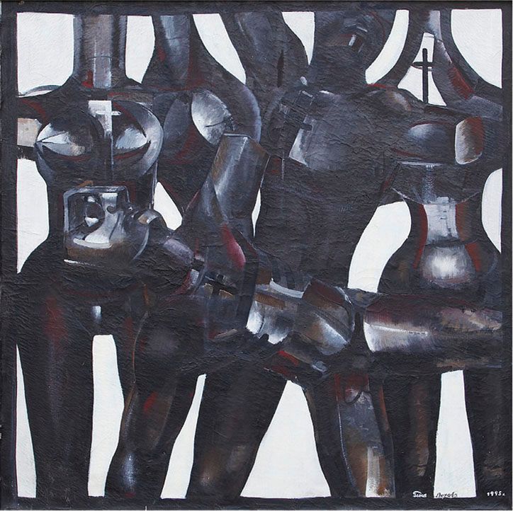 Oil painting “Requiem”: dark, metallic-looking female figures and shapes with small crosses, in black and grey with touches of red, against white gaps.