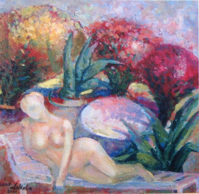 Oil painting “Rest among oleanders”: a pale nude woman reclining on a stone bench, with agave plants and red and yellow flowering bushes behind her.