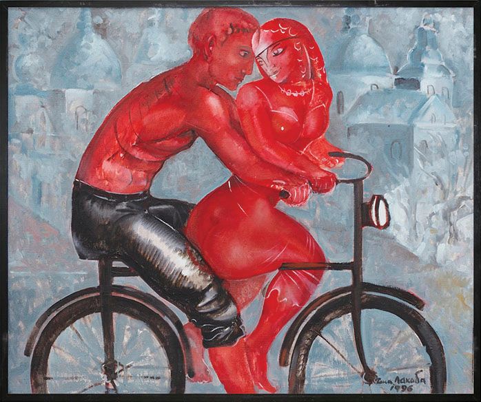 Oil painting “Riding a bike”: a red-skinned man and woman close together on one bicycle, with pale blue domed buildings behind them.