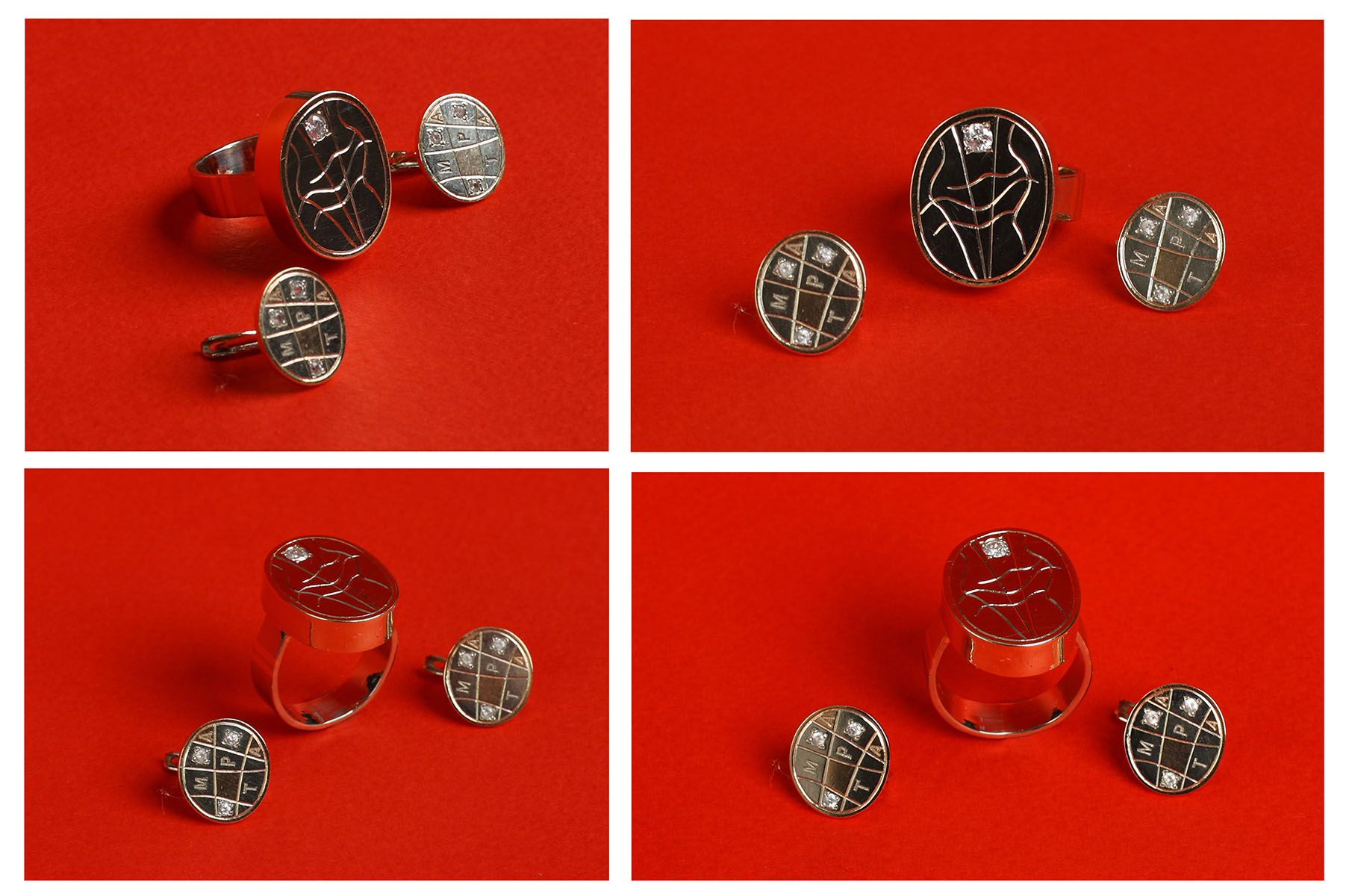 Silver jewellery set “Marta”: an oval ring and two round earrings with small stones and a grid of letters, shown from four angles on red.