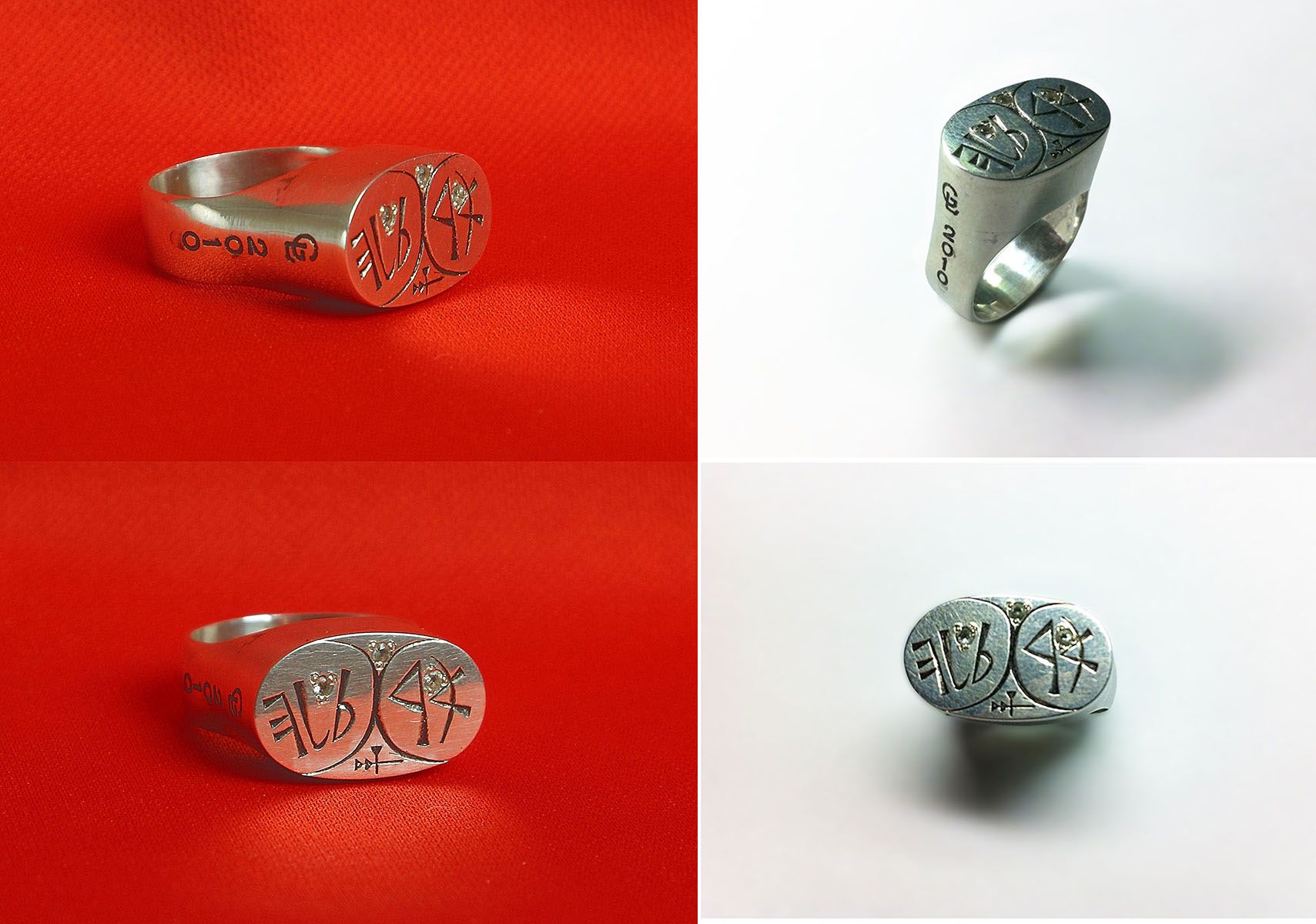 Silver ring “Elvira”: a wide oval top engraved with two symmetrical signs and small stones, shown from several angles on red and white.