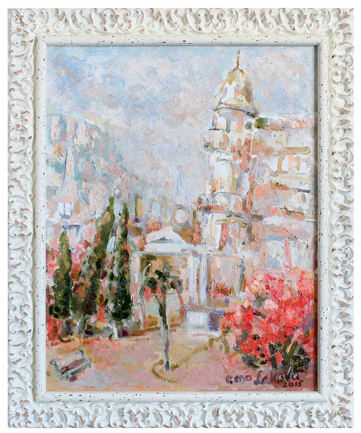 Oil painting “Ritsa hotel”: a pale building with a domed tower, cypress trees, a palm and red flowering bushes in a garden, in a white decorative frame.