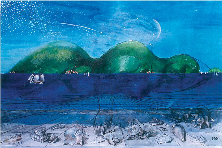 Acrylic painting “Save, O God, this Earth”: green hills like a reclining body above a deep blue sea, with sailing boats, shooting stars, and seashells on a paved foreground.