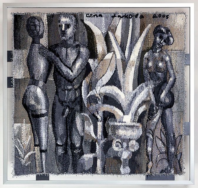 Grey-toned tapestry “Sculptor among agaves”: a man with a hand on a headless female statue, a large agave plant in a stone urn, and a nude woman on the right.