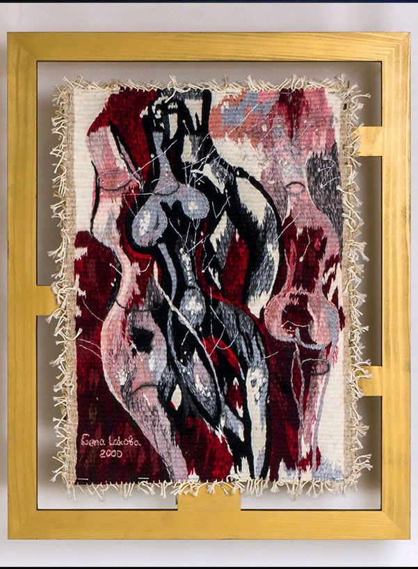 Tapestry “Sculptor and Model”: overlapping female figures in black, grey, pink and deep red on a white ground, in a gold frame.