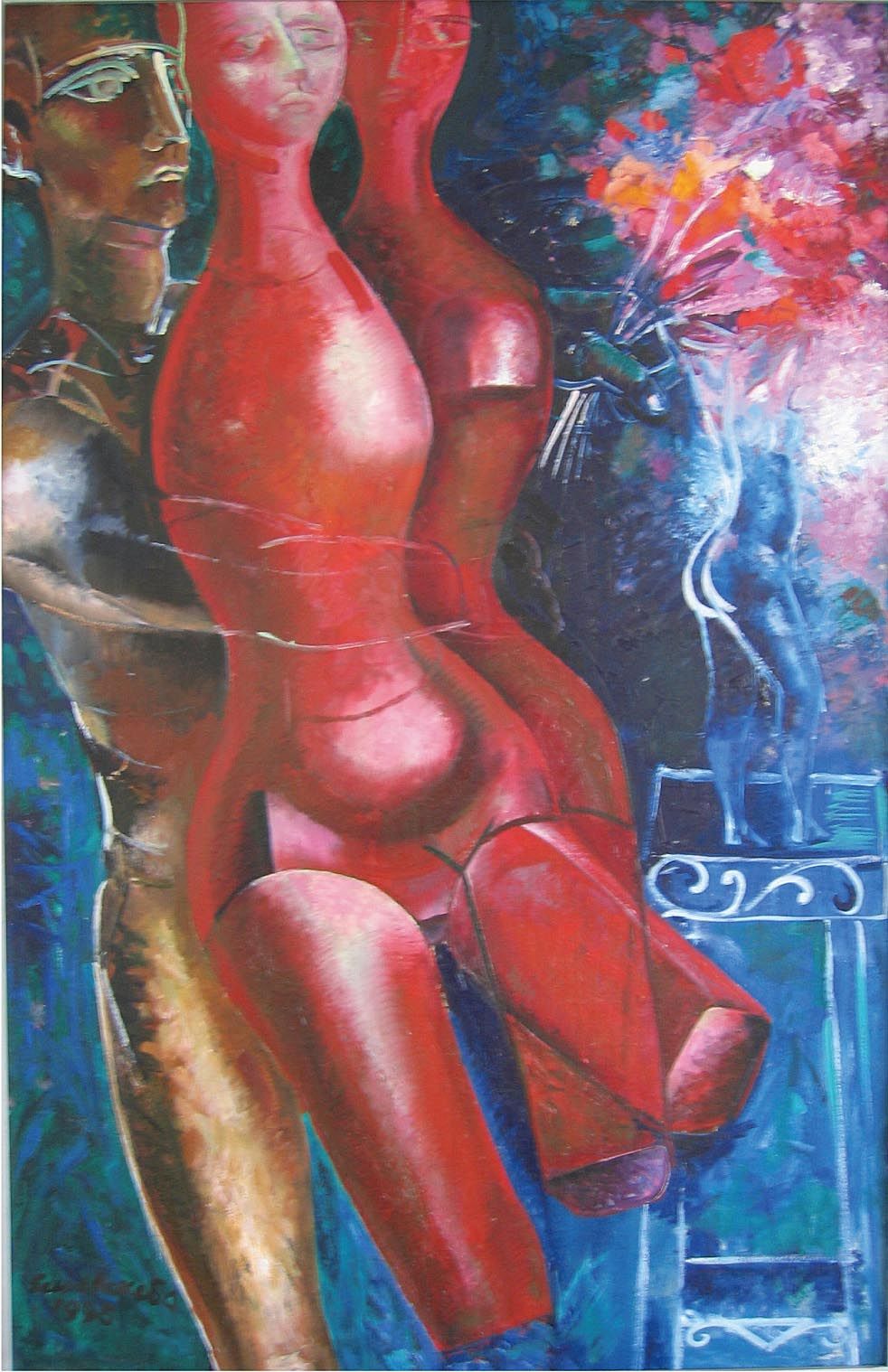 Oil painting “Sculptor and sculptures”: a man’s face at the left edge, two smooth red statues in front, and a blue statue on a pedestal beside a bouquet.