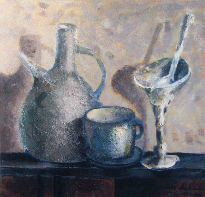 Oil painting “Silvery still life”: a grey jug, a cup on a saucer and a stemmed glass with a spoon on a dark shelf, with long shadows behind them.