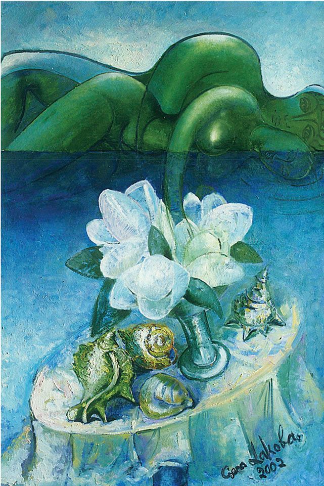 Oil painting “The Adriatic”: a green reclining female figure above a blue sea, and in front a vase of white magnolias with seashells on a draped table.