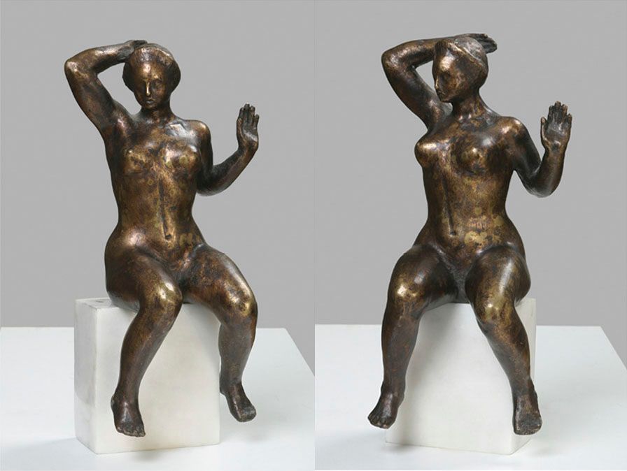 Bronze sculpture “The Little Bather”: a seated nude woman with one arm raised to her head and the other hand lifted, on a white marble block, shown from two angles.