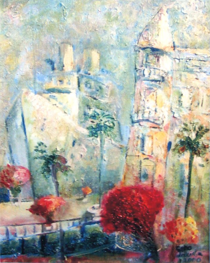 Oil painting “The ship came”: pale, hazy buildings with a tall tower, palm trees and bright red and yellow flowers in the foreground.