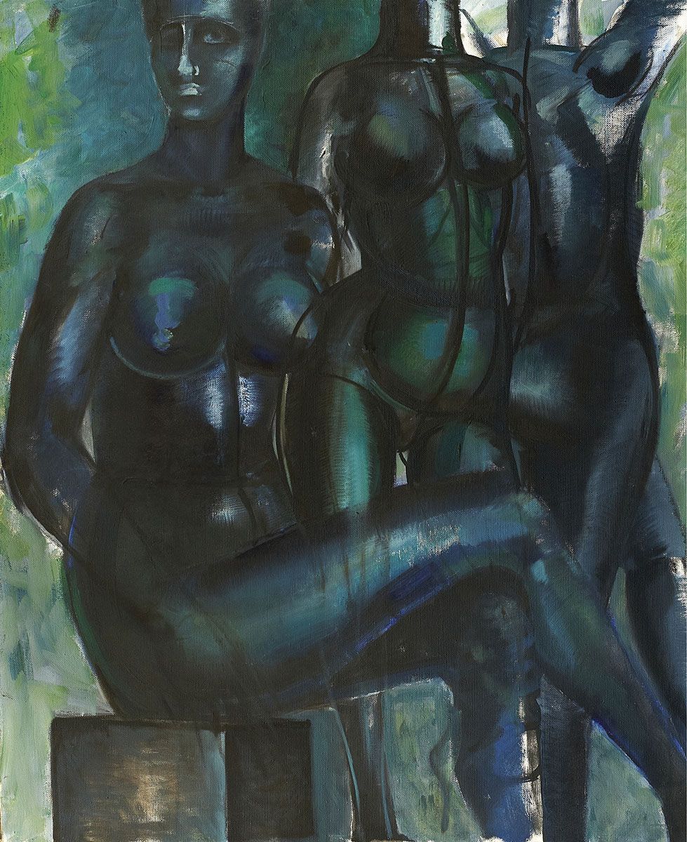 Oil painting “Three figures”: three dark blue and black nude female figures, one sitting on a block, against a green leafy background.
