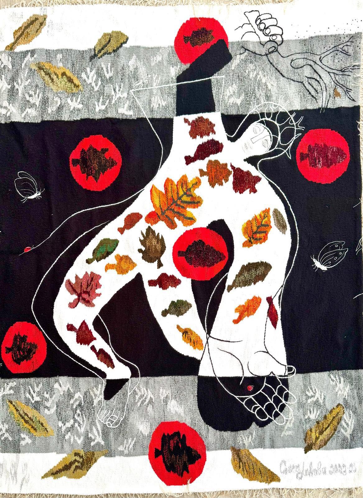 Tapestry “Troll (Leshy)”: a white, bending figure covered in autumn leaves, on a black band with red discs and grey borders, outlined in thin white lines.